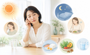 疲労がたまり、睡眠や食事に悩んでいる女性